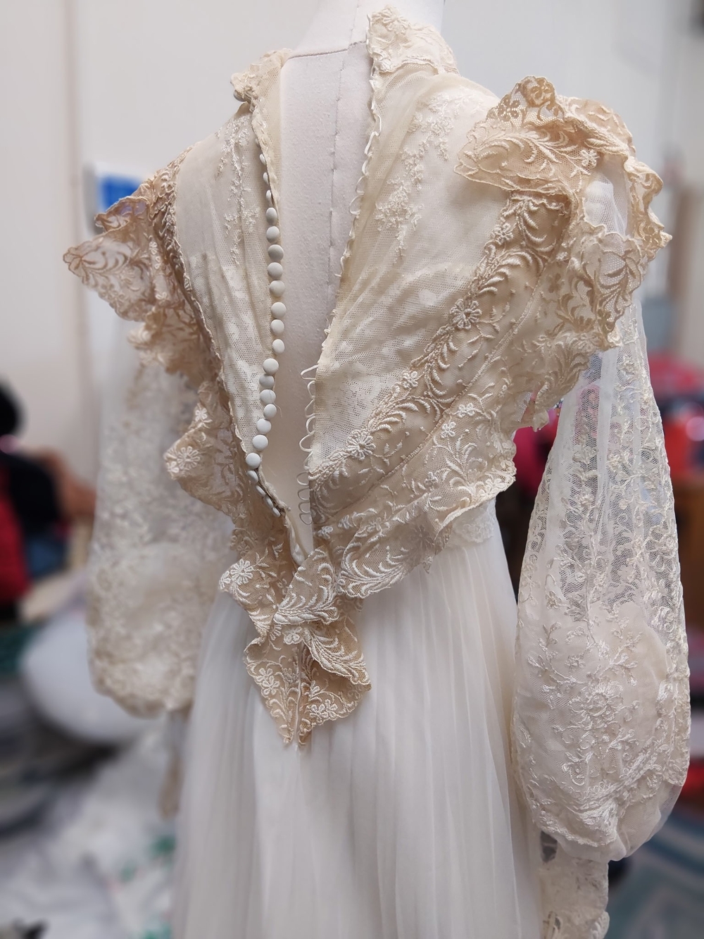 Vintage Ivory Lace Tulle Gown with Button-Back Detail.
